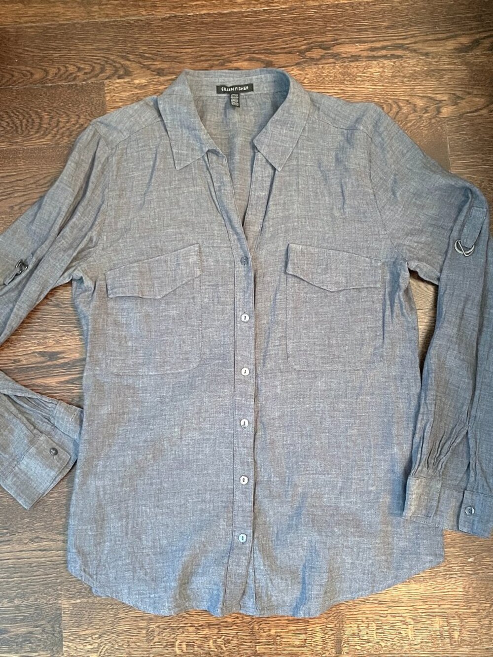 Eileen Fisher Grey Linen Cotton Blend Button Down Long Sleeve Shirt-XS